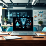 A modern office with a laptop showing AI insights, surrounded by charts, graphs, and notebooks, conveying an energetic and innovative startup atmosphe