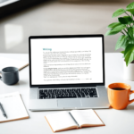 A modern workspace with a laptop showing a writing application, a notepad, a cup of coffee, and a plant, all reflecting professionalism and clarity in