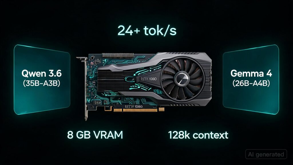 24+ tok/s from ~30B MoE models on an old GTX 1080 (8 GB VRAM, 128k context)