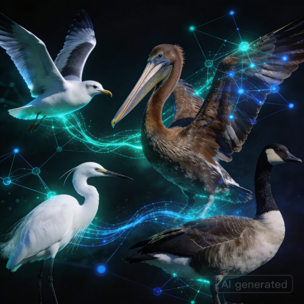 Glaucous-winged Gull, Brown Pelican, Snowy Egret, Canada Goose