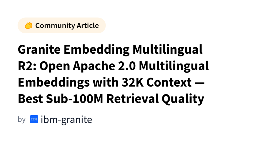 Granite Embedding Multilingual R2: Open Apache 2.0 Multilingual Embeddings with 32K Context, Best Sub-100M Retrieval Quality