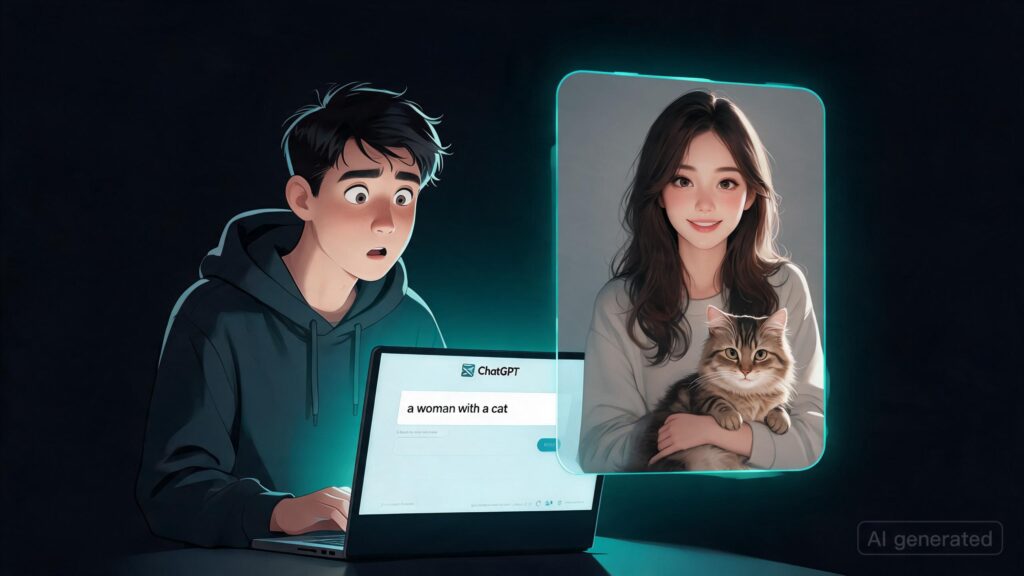 My boyfriend prompted a photo to be created of “a woman” with a cat, it created one in the exact likeness of me with no instruction to