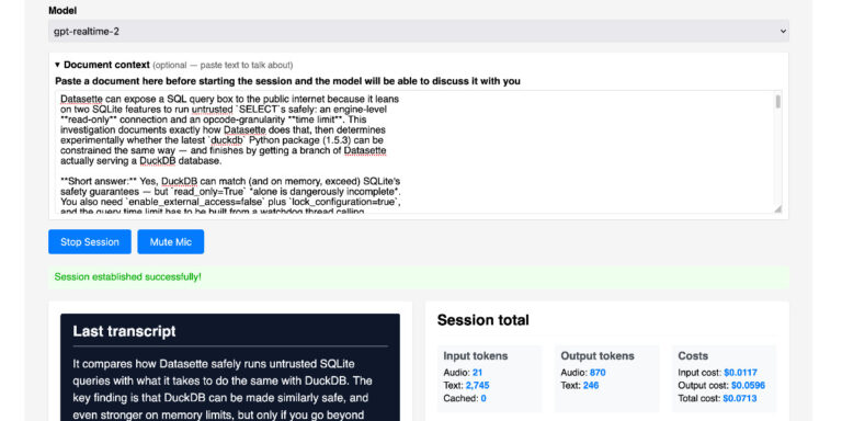 OpenAI WebRTC Audio Session, now with document context